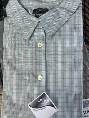 LLBean womens plaid button up collar cotton blend XL blue preppy workplace
